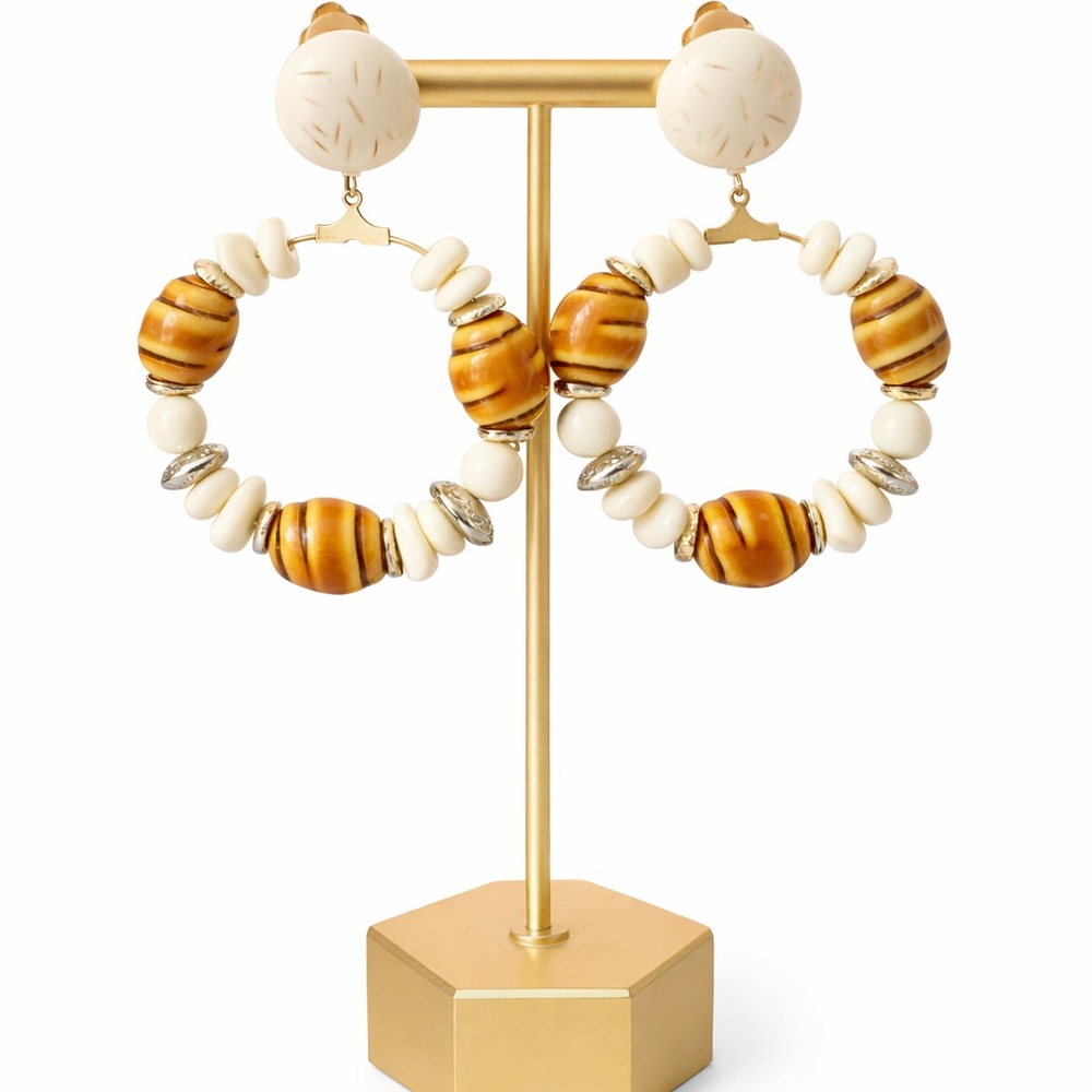 Vintage‎ Boho Beaded Hoop Clip-On Earrings – Cream & Amber Tones